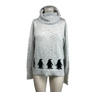 LOFT Womens Grey Speckled Penguin Graphic Cowl Neck Knit Sweater Small NEW